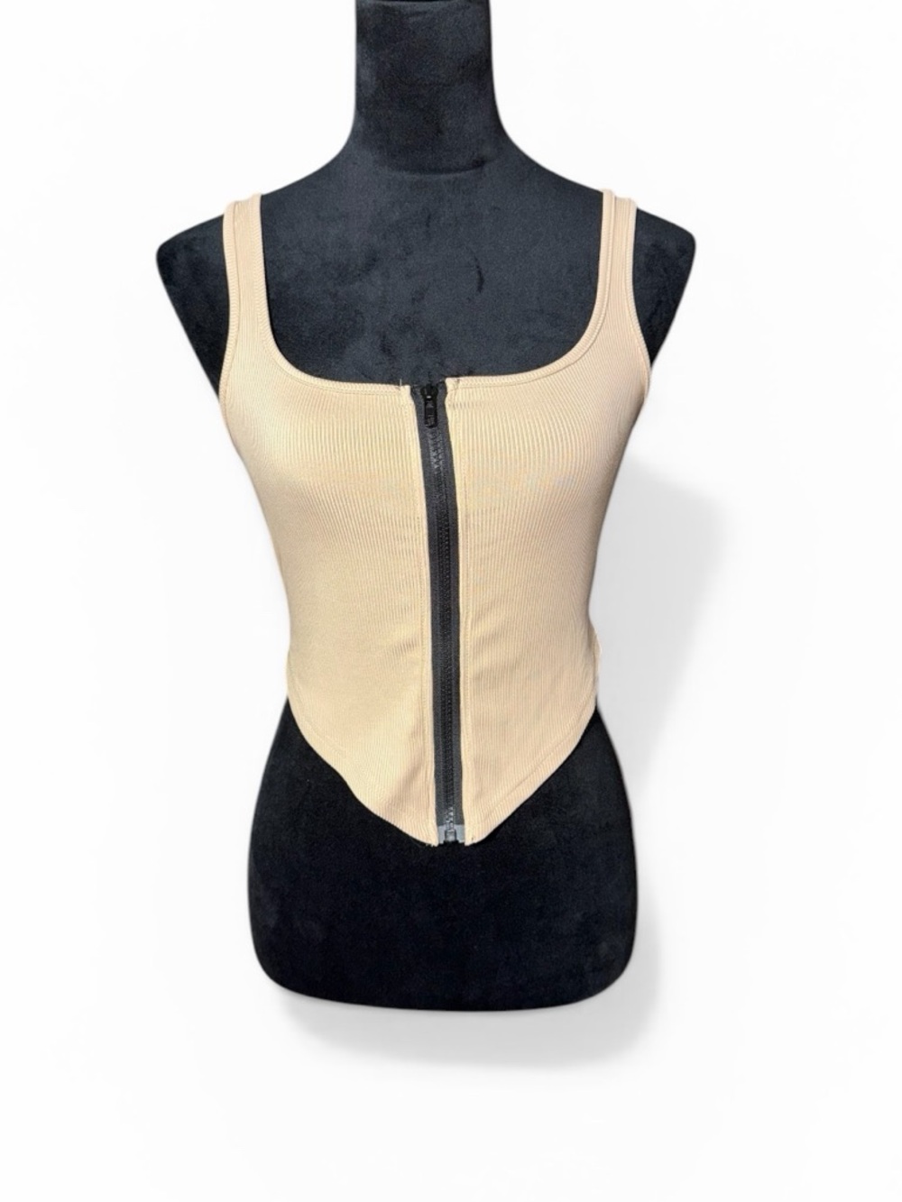 SHEIN Beige Ribbed Zip-Front Pointed-Hem Tank